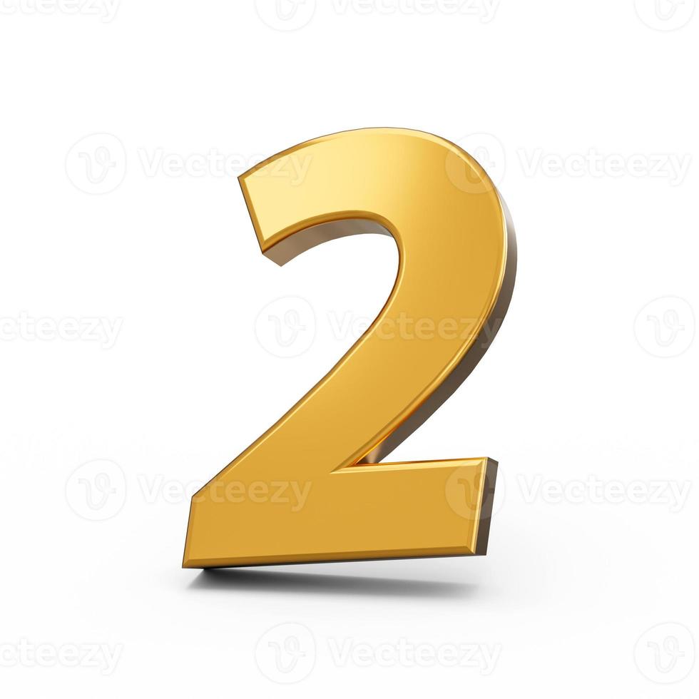 Gold number 2 two isolated white background. shiny 3d number 2 made of gold 3d illustration photo