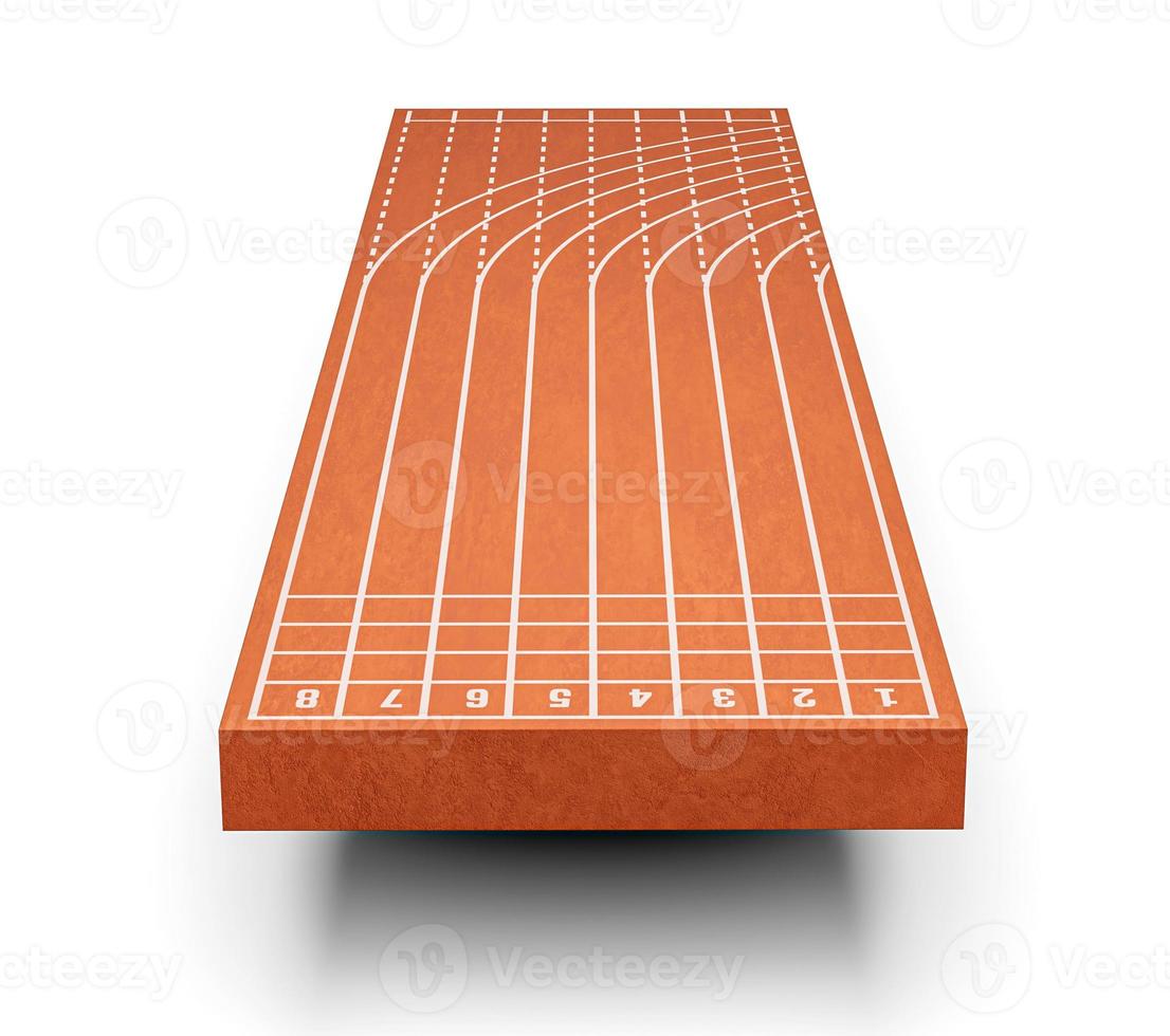 pista de atletismo en el estadio con carril y números sección transversal 3d con pista de atletismo, ilustración 3d cortada con pista deportiva vacía aislada en fondo blanco foto