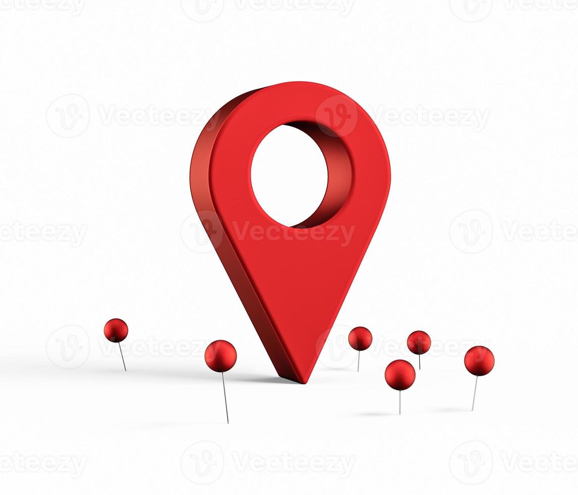 Marca de localizador de mapa y pin de ubicación o signo de icono de navegación en fondo blanco con concepto de búsqueda. ilustración 3d foto