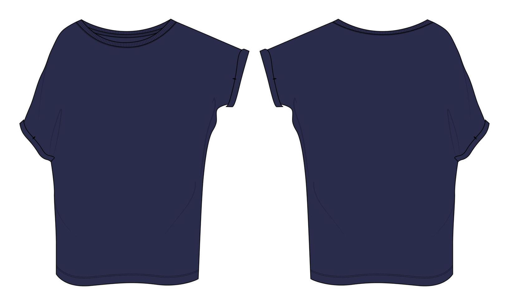 tops de mujer de gran tamaño camisetas planas técnicas de moda boceto ilustración vectorial plantilla de color azul marino vistas frontal y posterior. maqueta de diseño de ropa para mujer unisex cad. vector