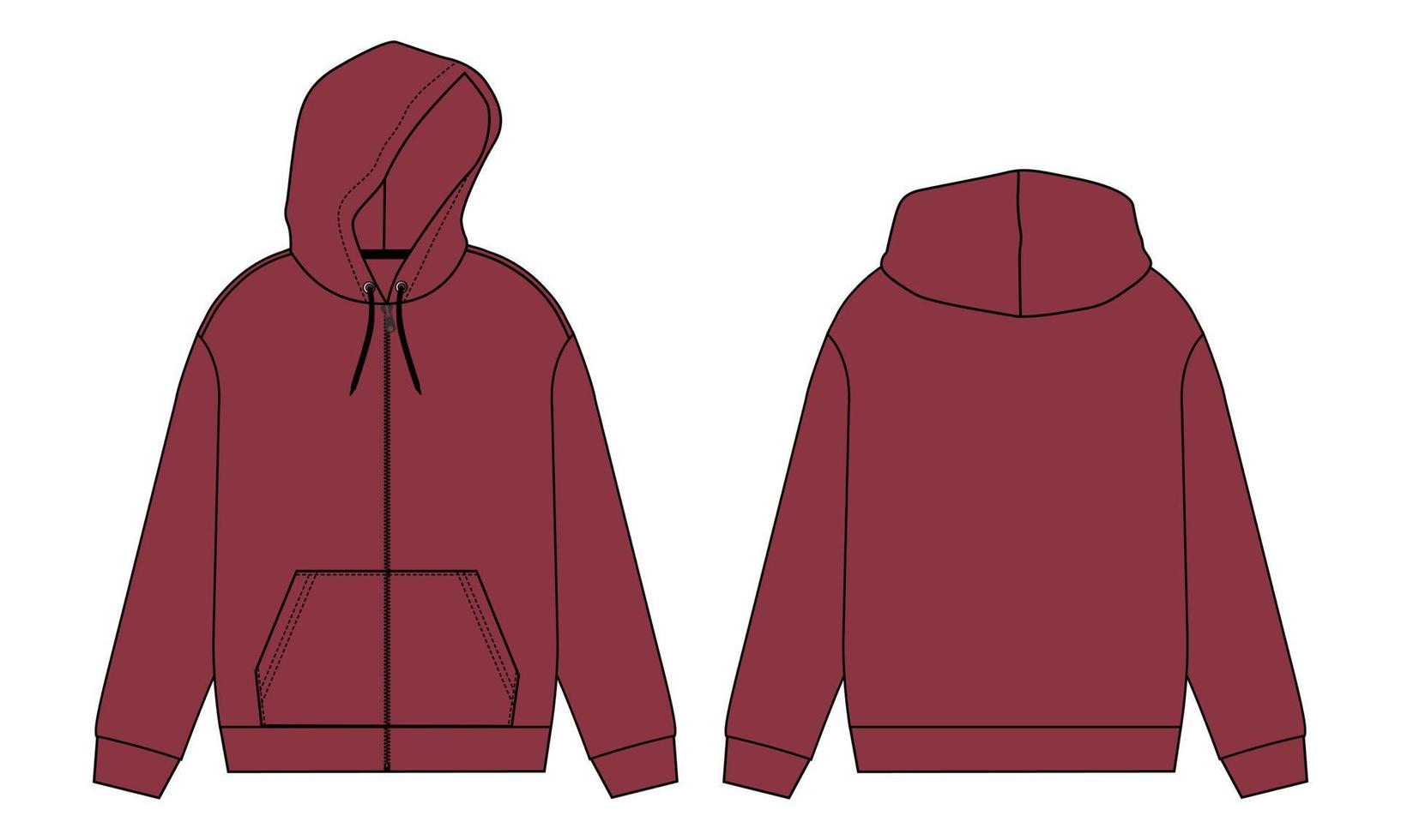 Long sleeve hoodie technical fashion flat sketch vector illustration Red color template