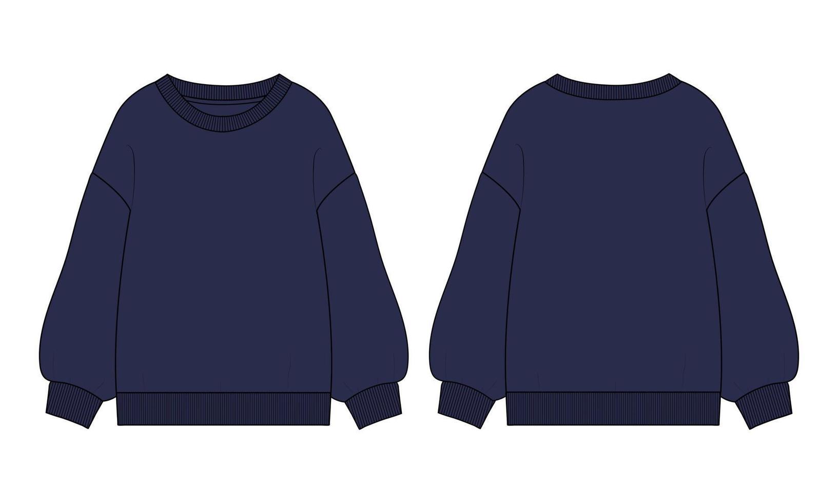 Sweatshirt technical fashion flat sketch vector illustration navy Color template for women's