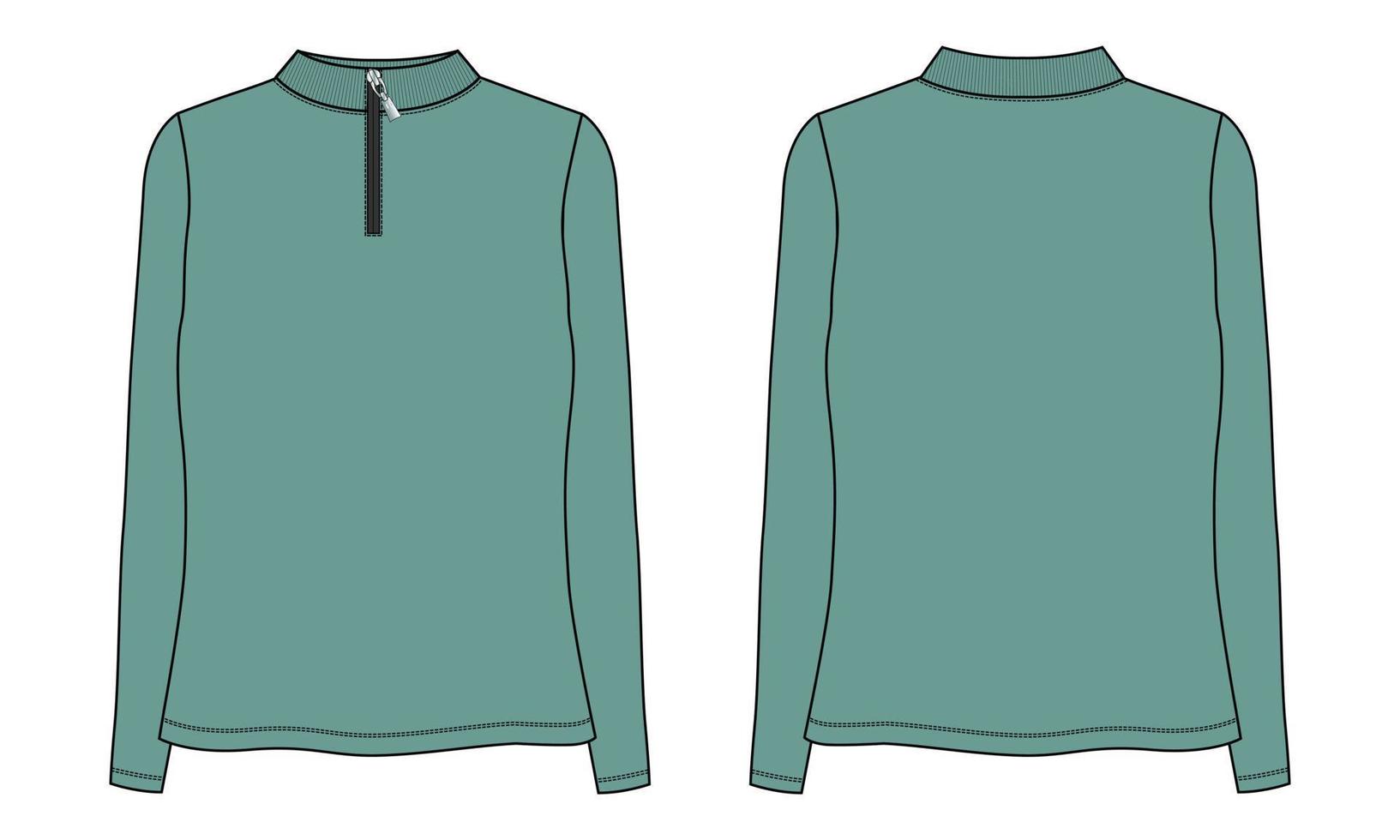 Long Sleeve With Half Zip, High Neck, Sweatshirt vector illustration green Color template for ladies