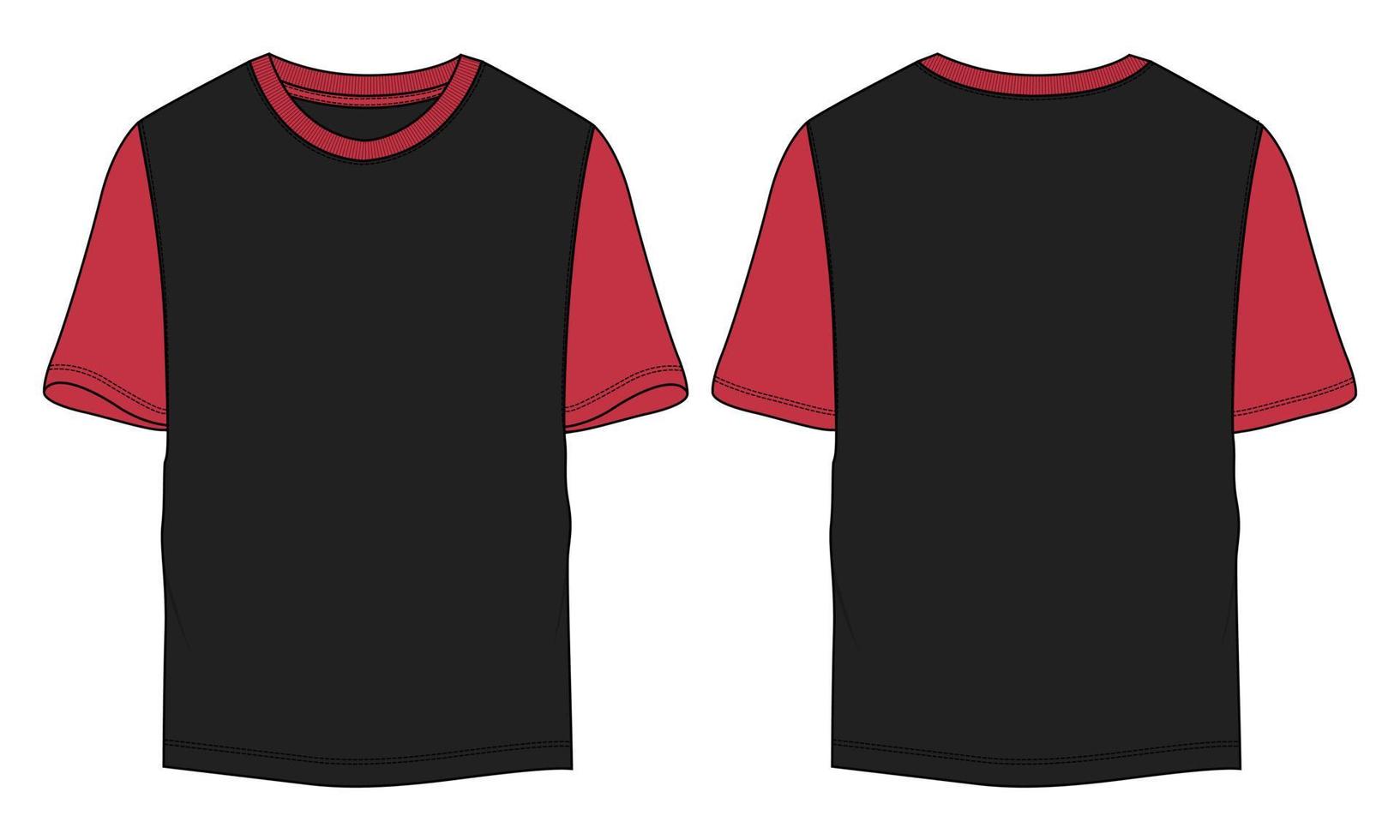 Two tone red and Black color T shirt technical fashion flat sketch vector illustration template