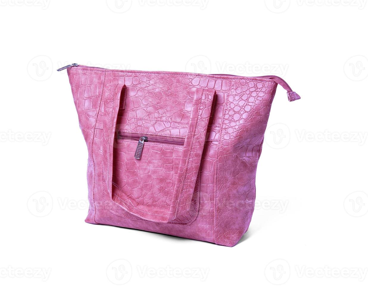 Luxury Women Bag Isolated on White Background. Side View of Pink Genuine Full Grain Leather Lady Shopping Handbags photo