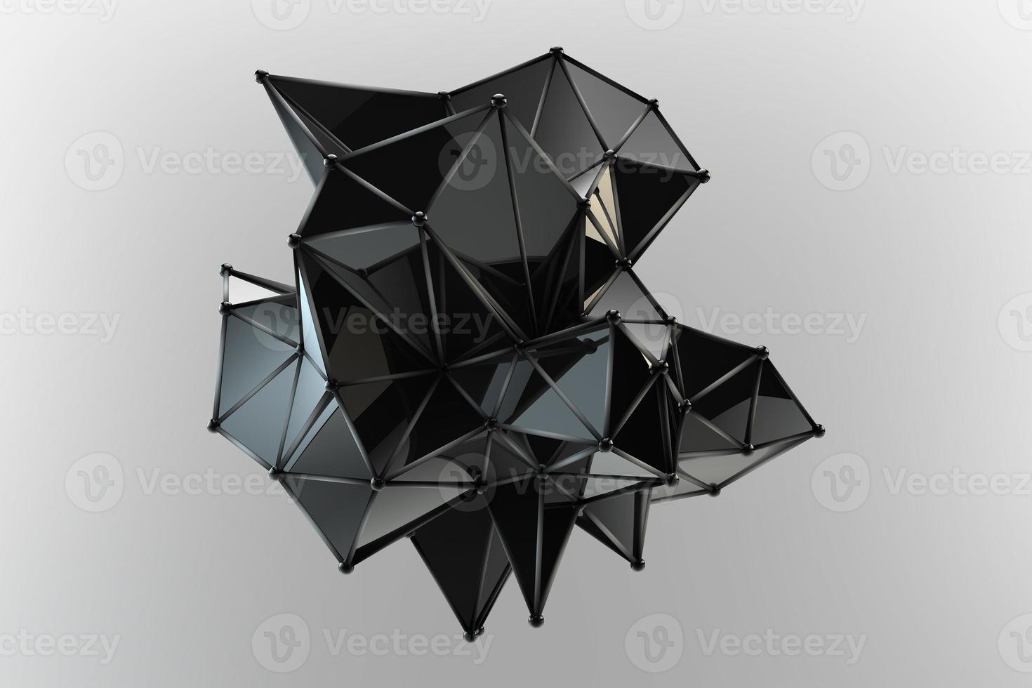 Particle and line connection 3d rendering. Abstract mirror plexus object illustration with reflection. Science black polygonal geometric background photo