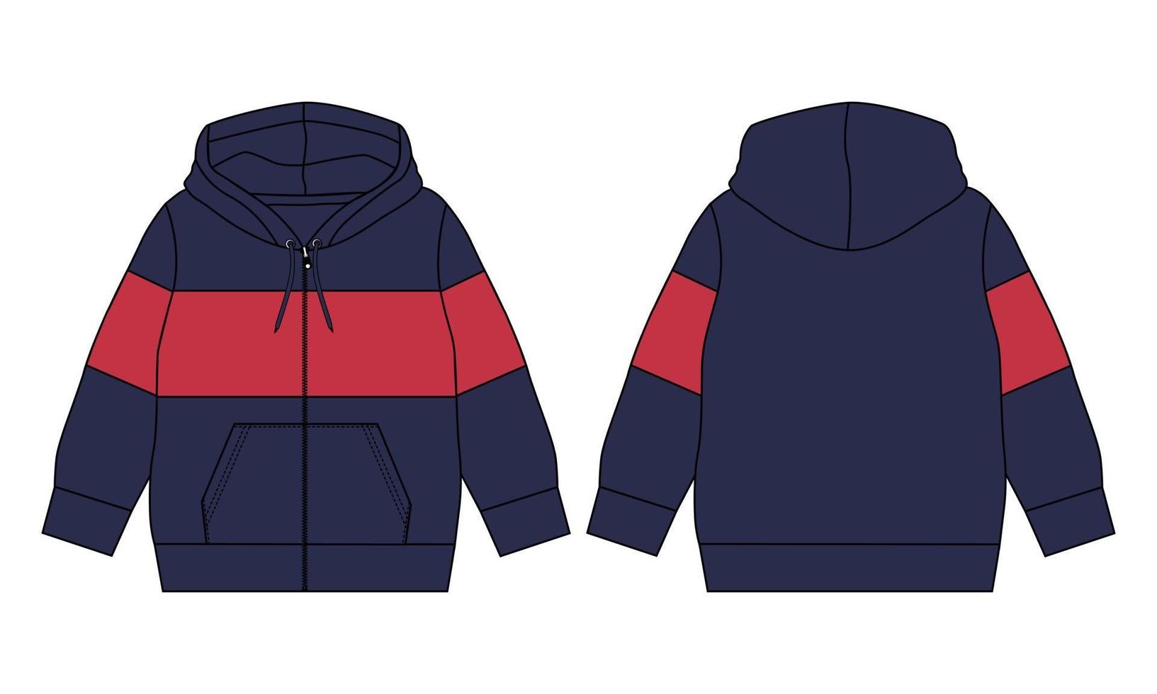 Two tone Color Long sleeve hoodie Vector illustration red color Template front and back views.