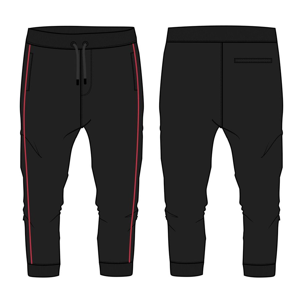 Sweatpants technical fashion flat sketch vector illustration black Color template front back views