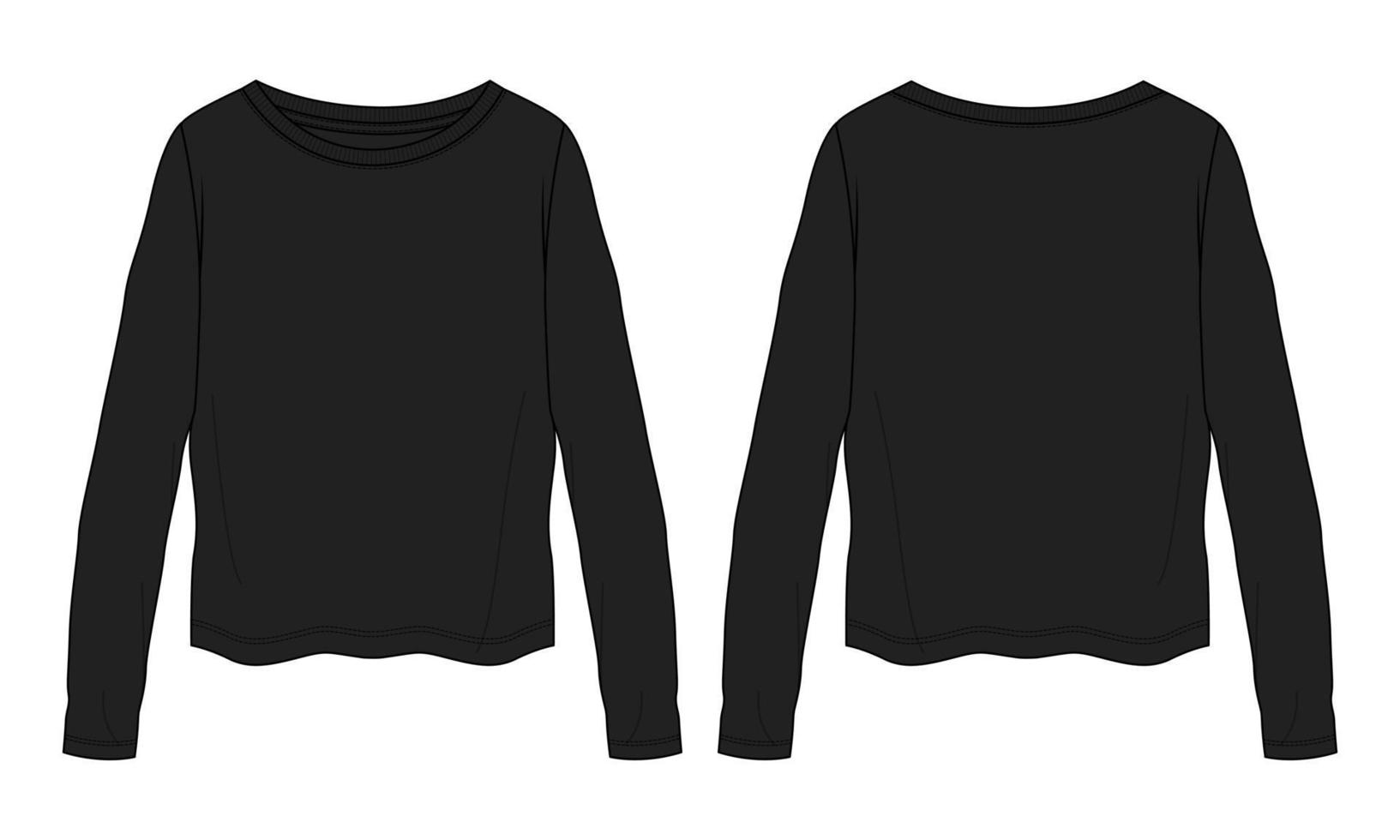 Long Sleeve T shirt Tops technical fashion flats sketch vector illustration Black Color  template front and back views. Apparel design mock up Womens Unisex CAD.