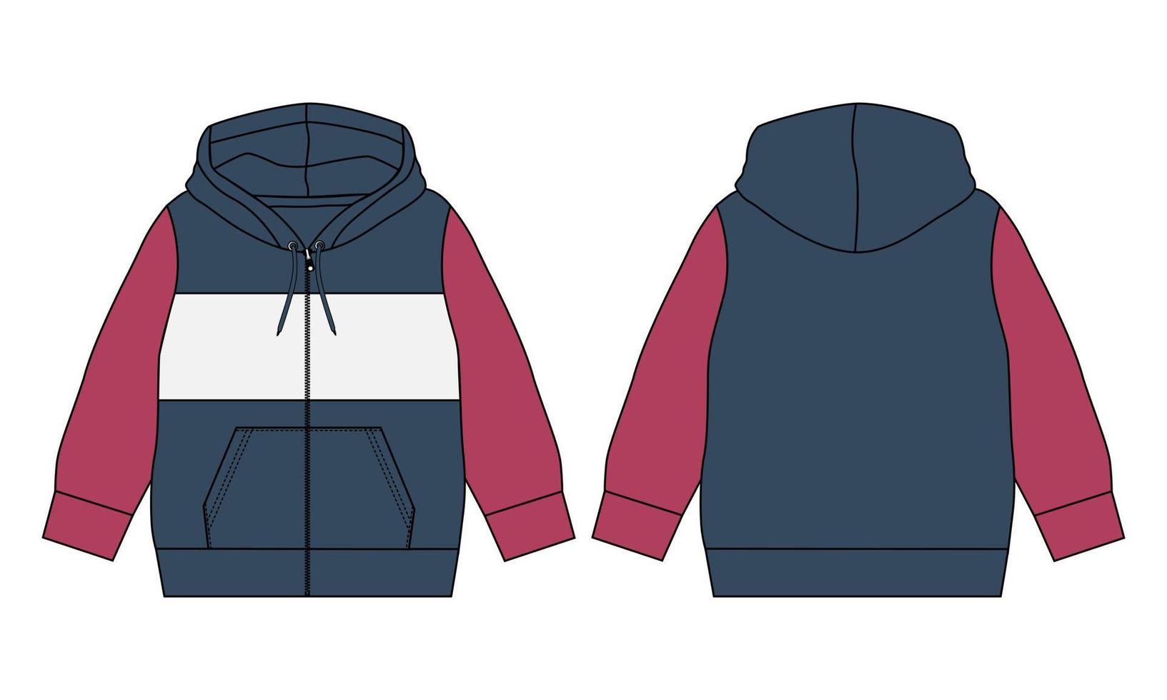 Two tone Color Long sleeve hoodie Vector illustration red color Template front and back views.