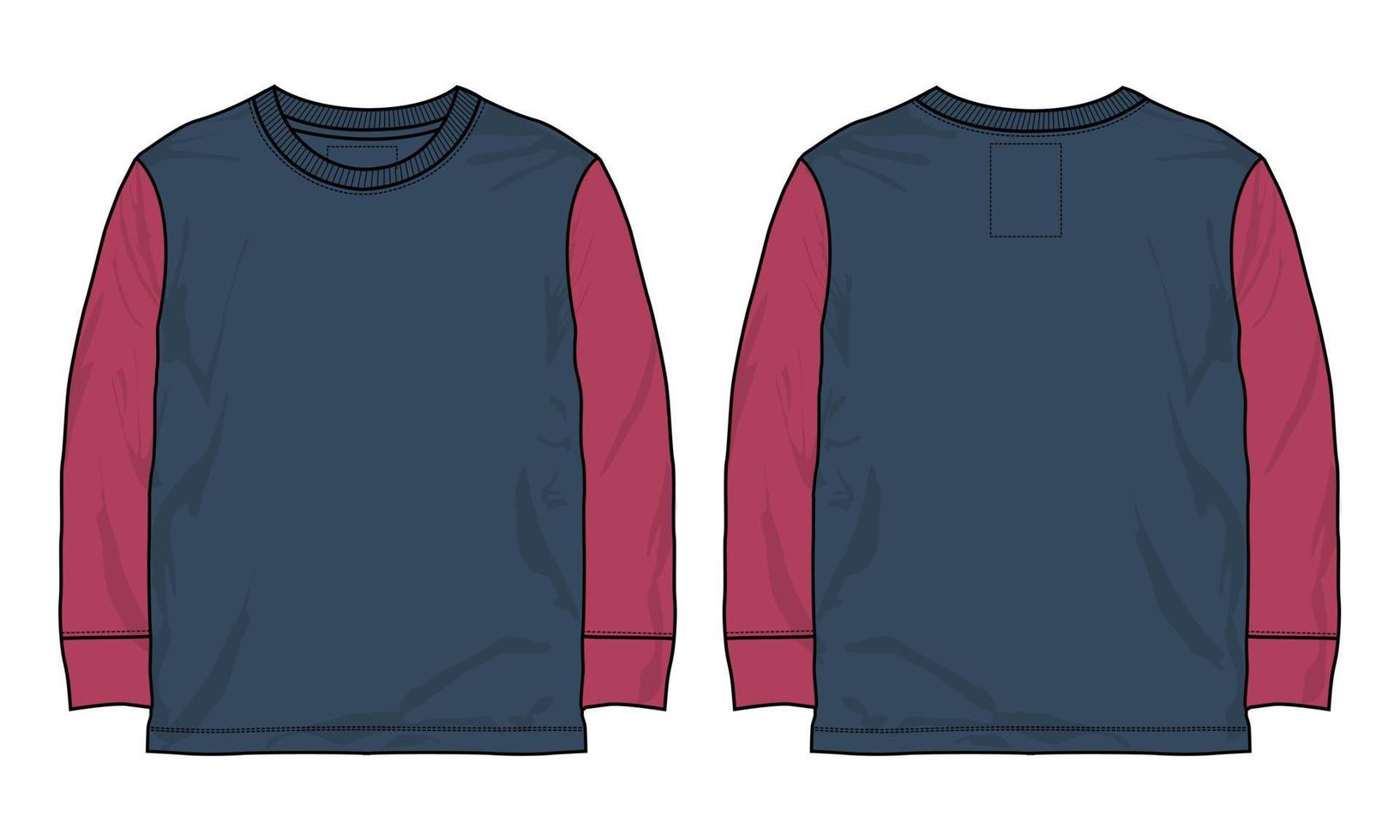 Two tone navy and Red Color Long sleeve t shirt technical flat sketch vector illustration template