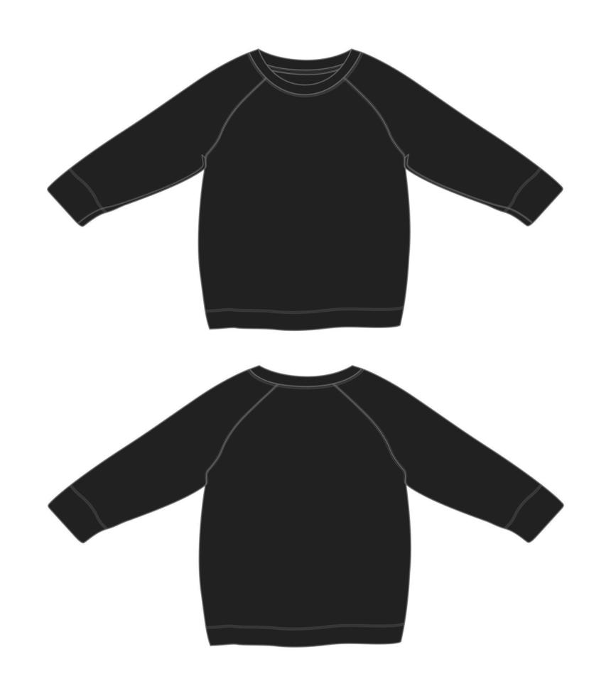 Raglan Long sleeve sweatshirt technical fashion flat sketch vector black color template for women's