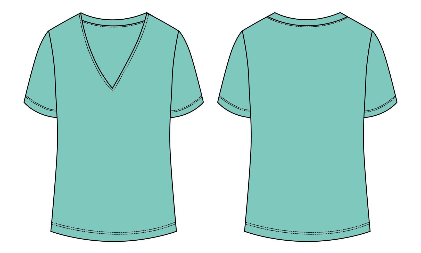 V Neck T shirt Technical fashion flat sketch vector illustration green template for ladies