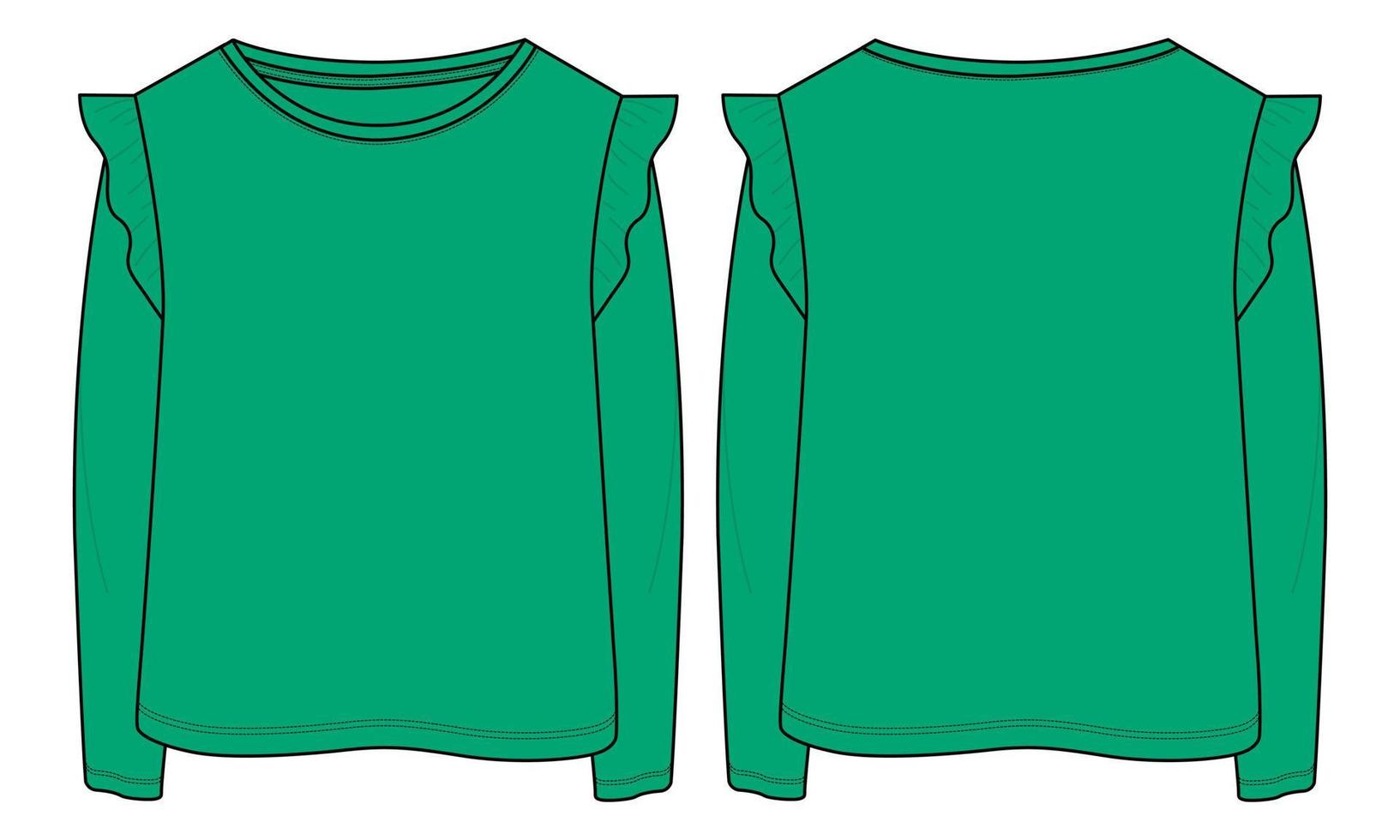 Long Sleeve T shirt Tops Technical fashion flat sketch vector green color template for baby girls