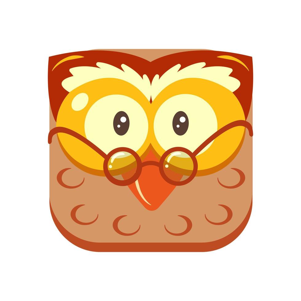 Face of smart owl with glasses on its beak. Square cartoon animal avatar. vector