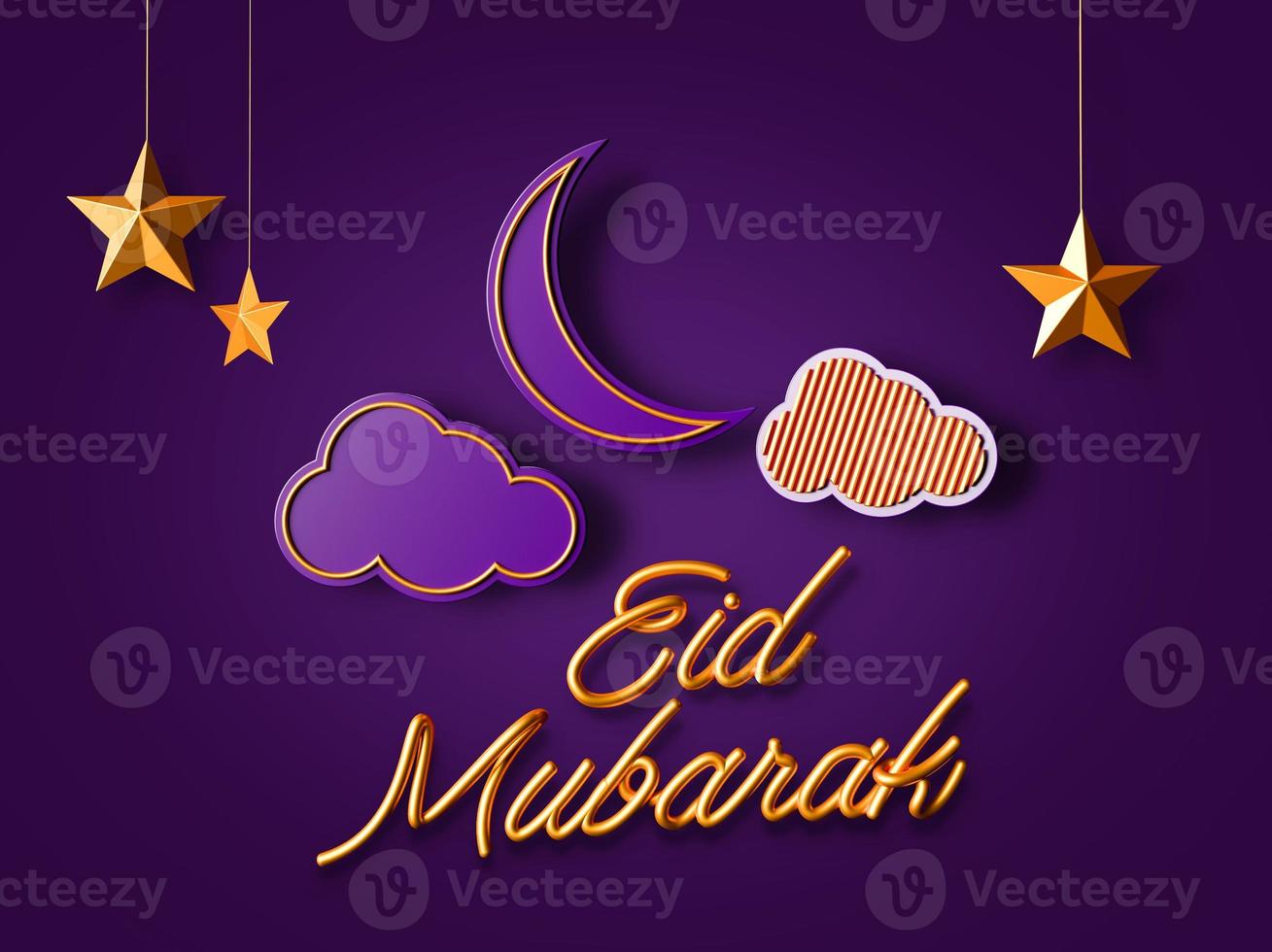 Eid Mubarak Islamic background template Elegant Ramadan celebration Golden stars hanging clouds pattern purple blue banner with crescent moon meaning happy holiday, 3d illustration photo