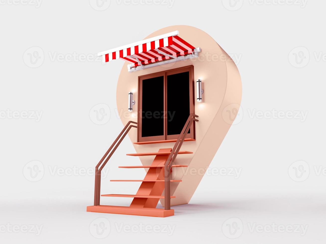 ilustración 3d inusual de un edificio de heladería con toldo rojo y mapa de ubicación de alfileres al aire libre una tienda sobre un fondo blanco foto