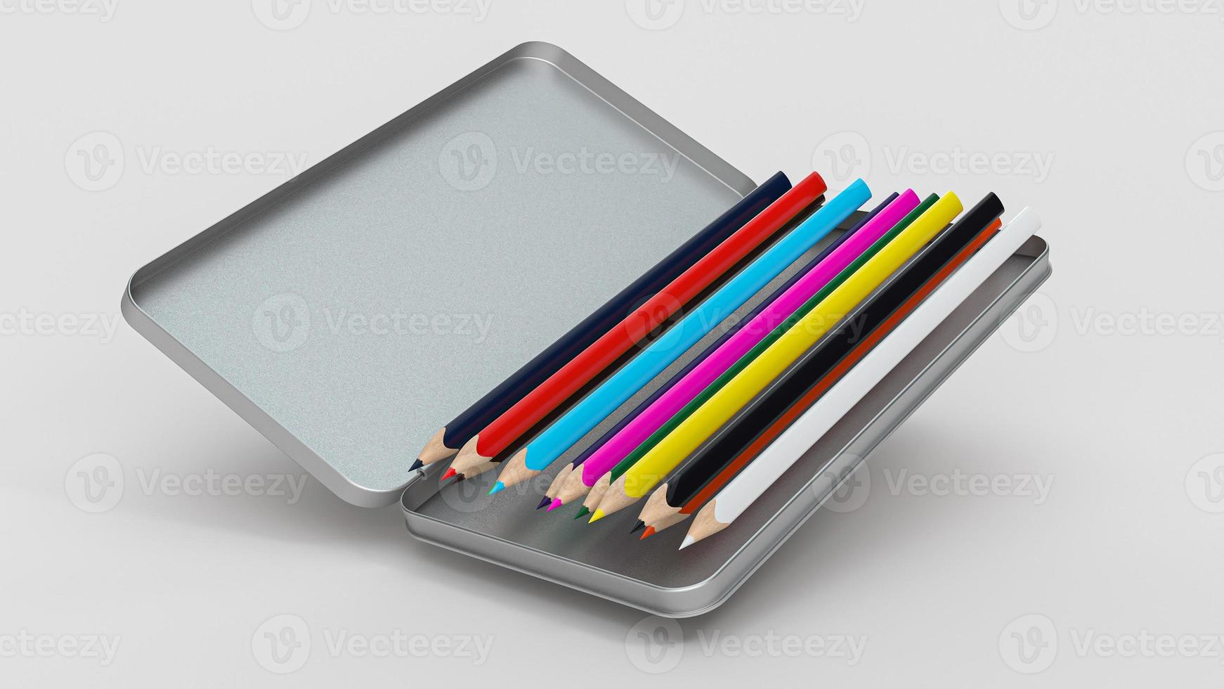 fila de lápiz en colores del arco iris en caja de aluminio abierta crayones de colores aislados para dibujar el concepto de regreso a la escuela ilustración 3d foto