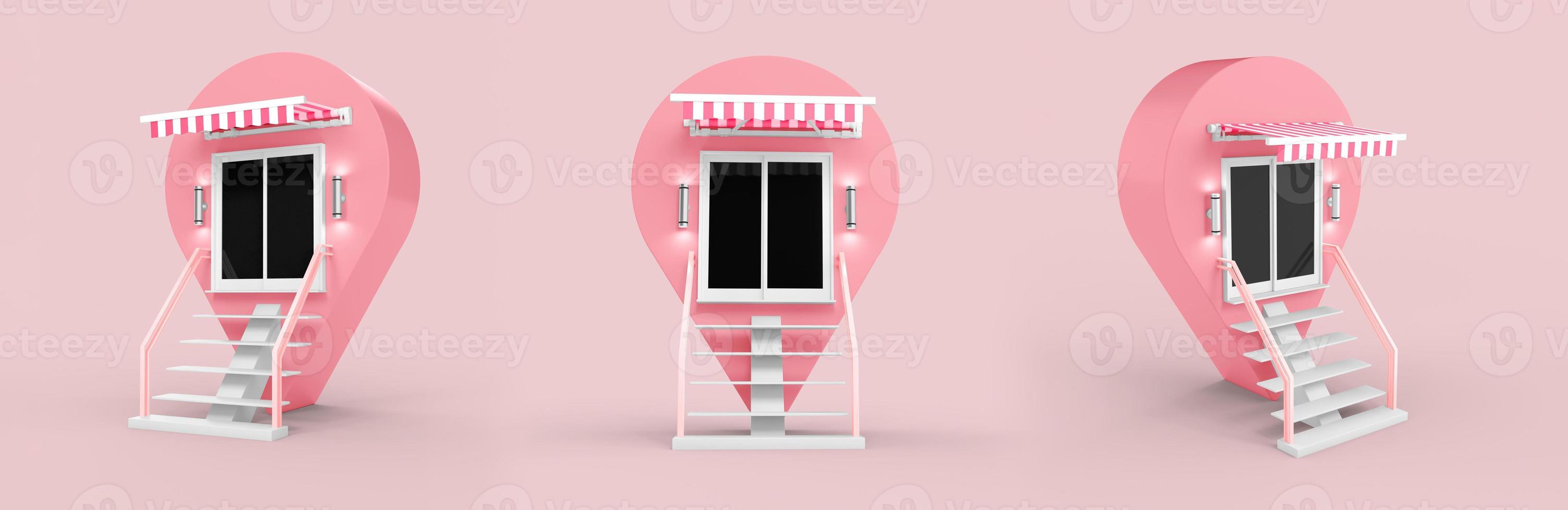 pink cream building store Shop opening canopy, awning sunshade tent isolated on pastel pink background, roof, template for design, advertising, 3d rendering photo