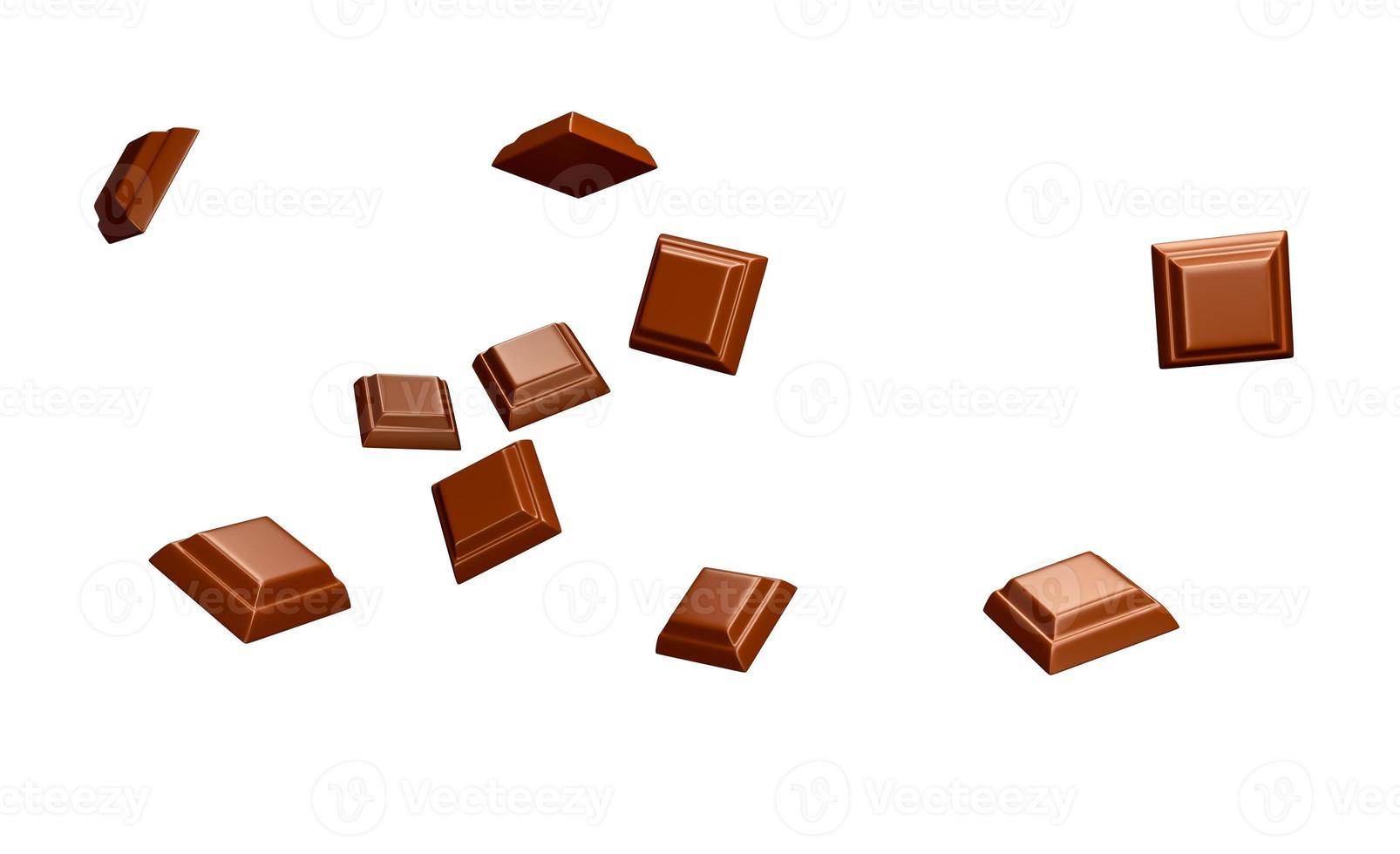 close up of chocolate pieces stack falling on white background 3d illustration 3d rendering photo