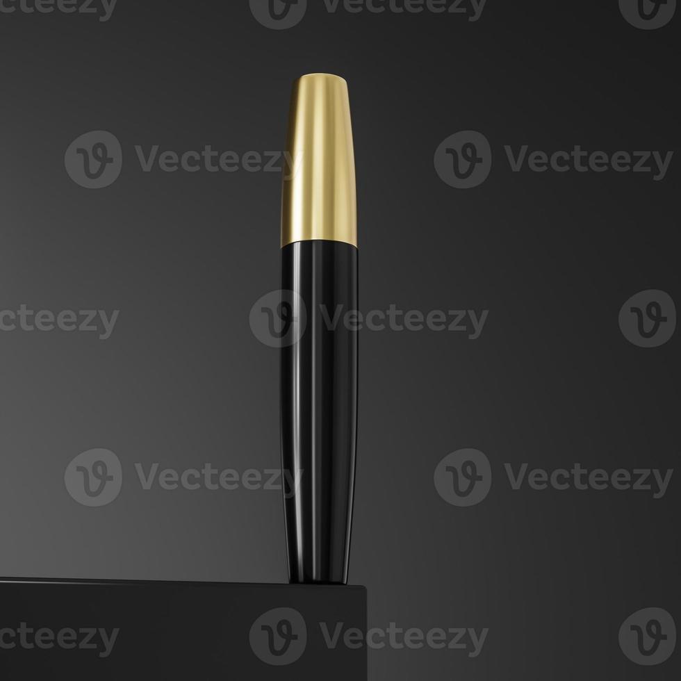 Mascara tube and wand applicators set. Cosmetic bottle with eyelash brush isolated on dark black background. Makeup cosmetics collection 3d illustration photo