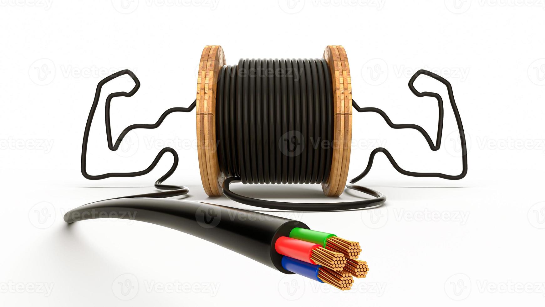 Wire electric cable strong arm bicep on wooden coil or spool isolated on safe electric powerful white background. 3d illustration photo