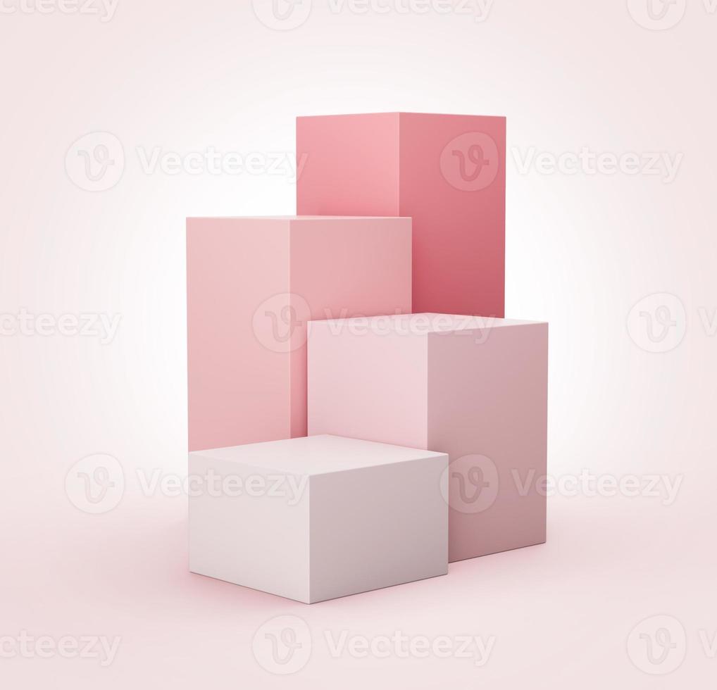 Pink geometric cubes, stands and empty walls, realistic 3d illustration. Minimalist blank scene with square shapes, modern 3d illustration photo