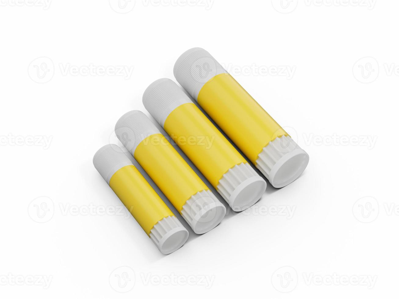 barra de pegamento amarillo de primer plano con tapa blanca pega conjunto de garrapatas de pequeño a grande aislado sobre fondo blanco ilustración 3d foto