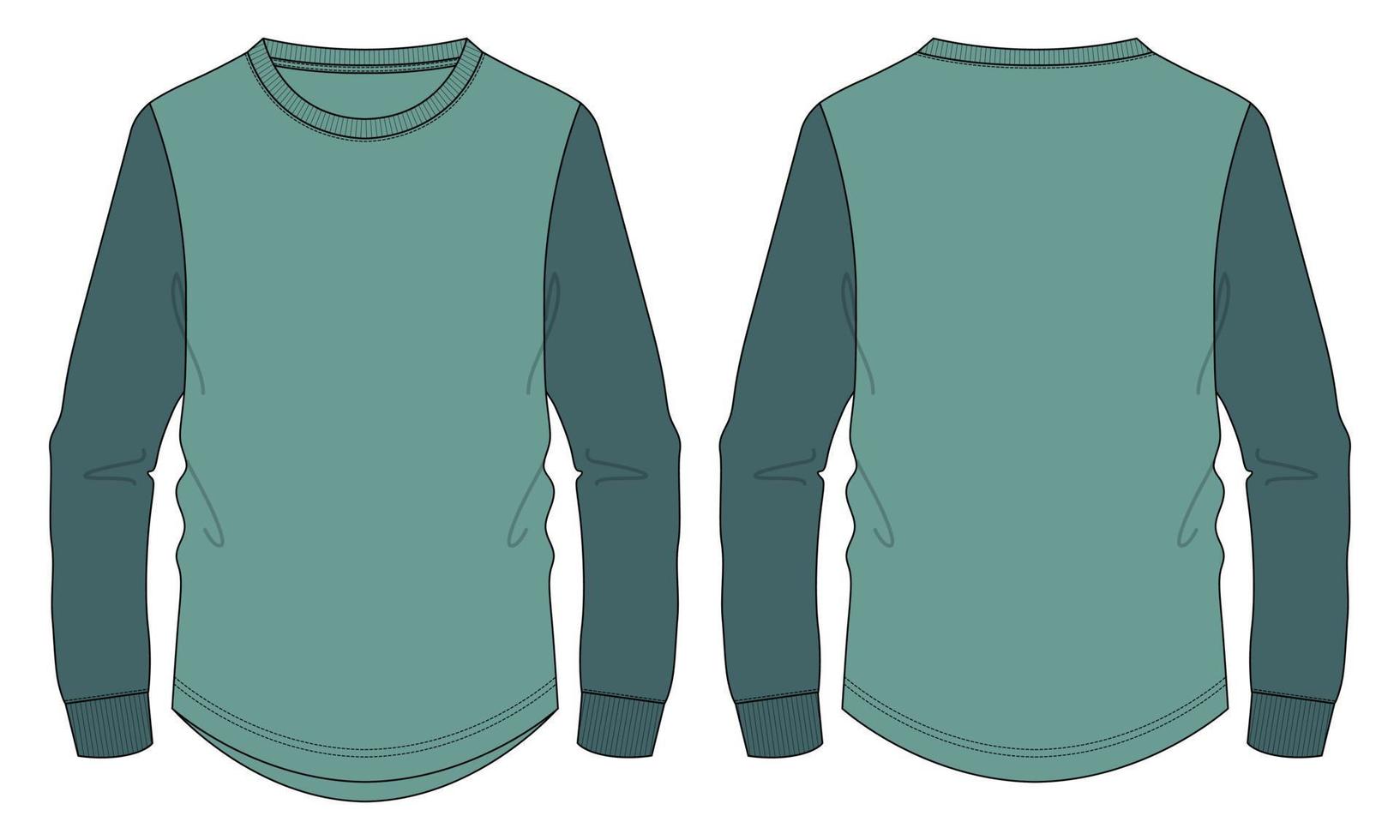 Two tone Color Long sleeve T shirt technical fashion flat sketch vector Illustration mockup template for Men's and boys.
