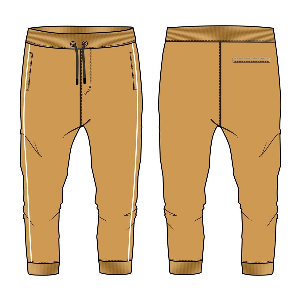 Sweatpants technical fashion flat sketch vector illustration yellow color template front back views