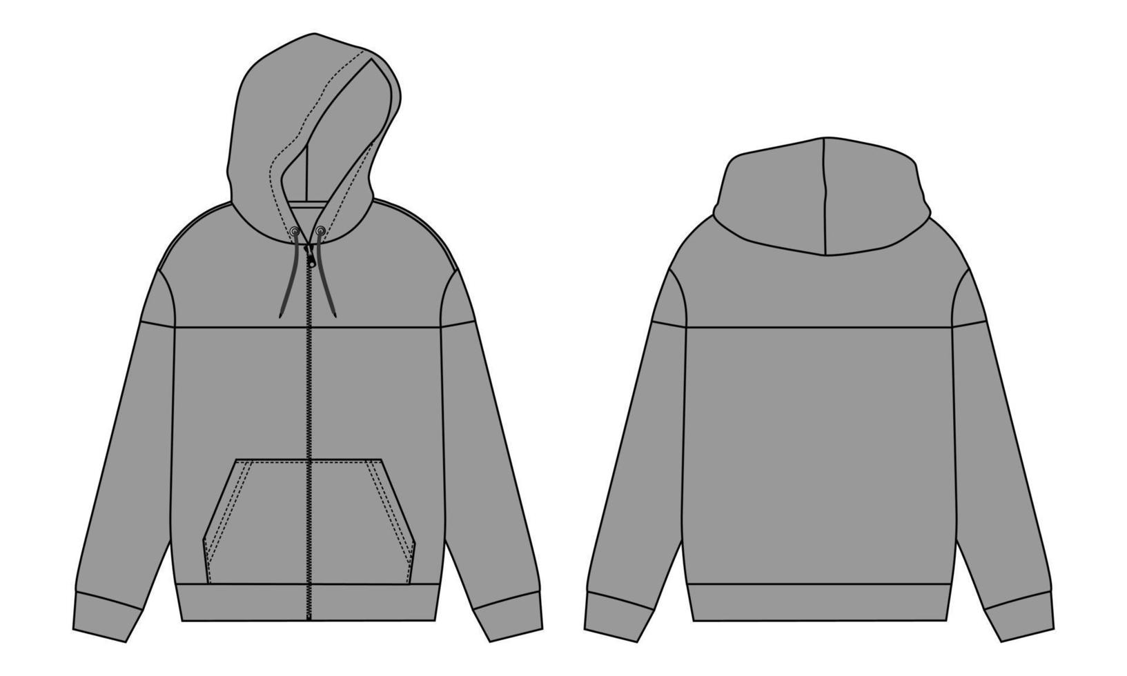Long Sleeve Hoodie technical fashion flat sketch vector illustration Grey Color template