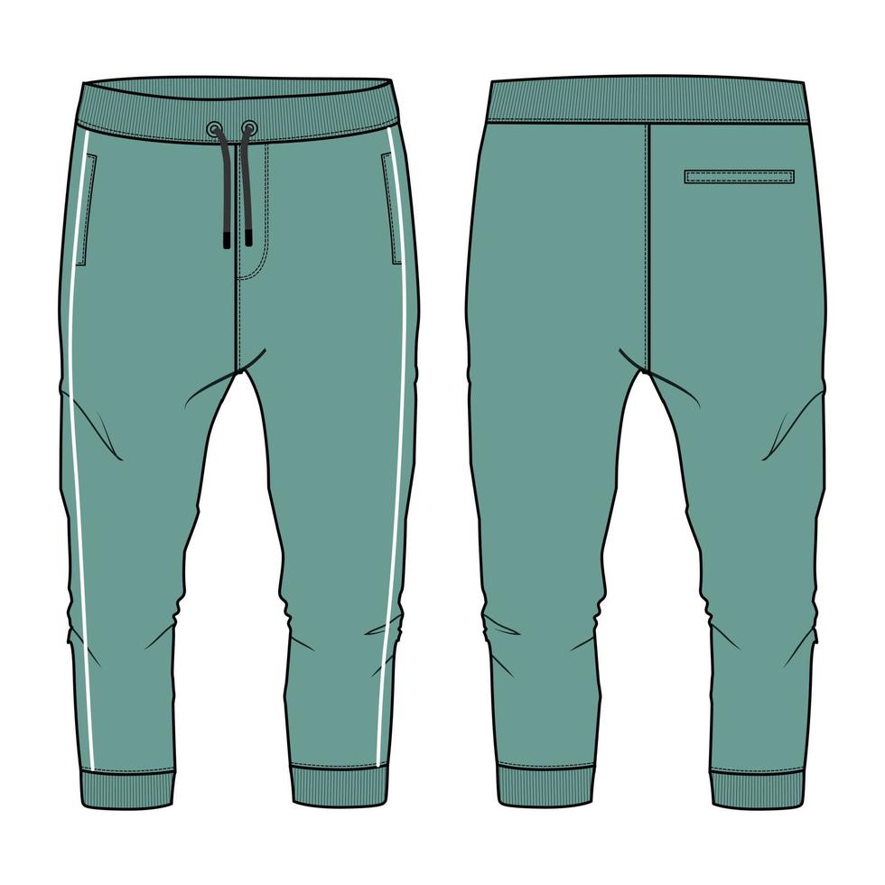 pantalones de chándal moda técnica boceto plano ilustración vectorial plantilla de color verde vistas frontales y traseras vector