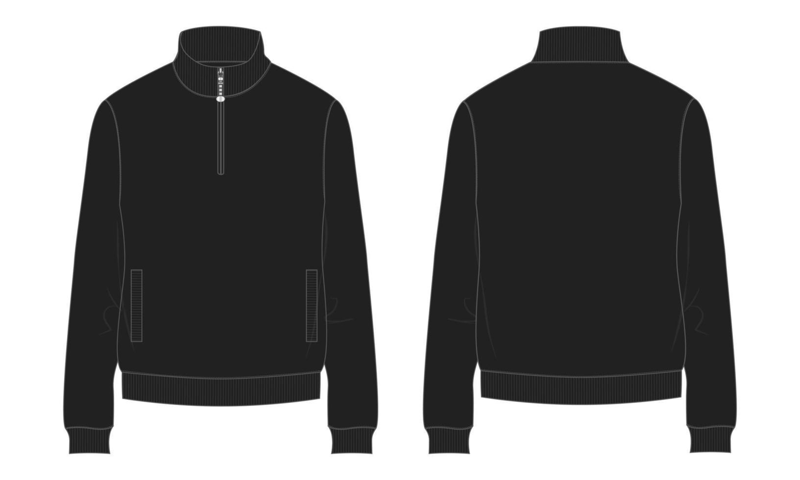 Long sleeve with Short zip fleece jacket  Sweatshirt technical fashion Flat sketch Vector illustration black Color template Front, back views.