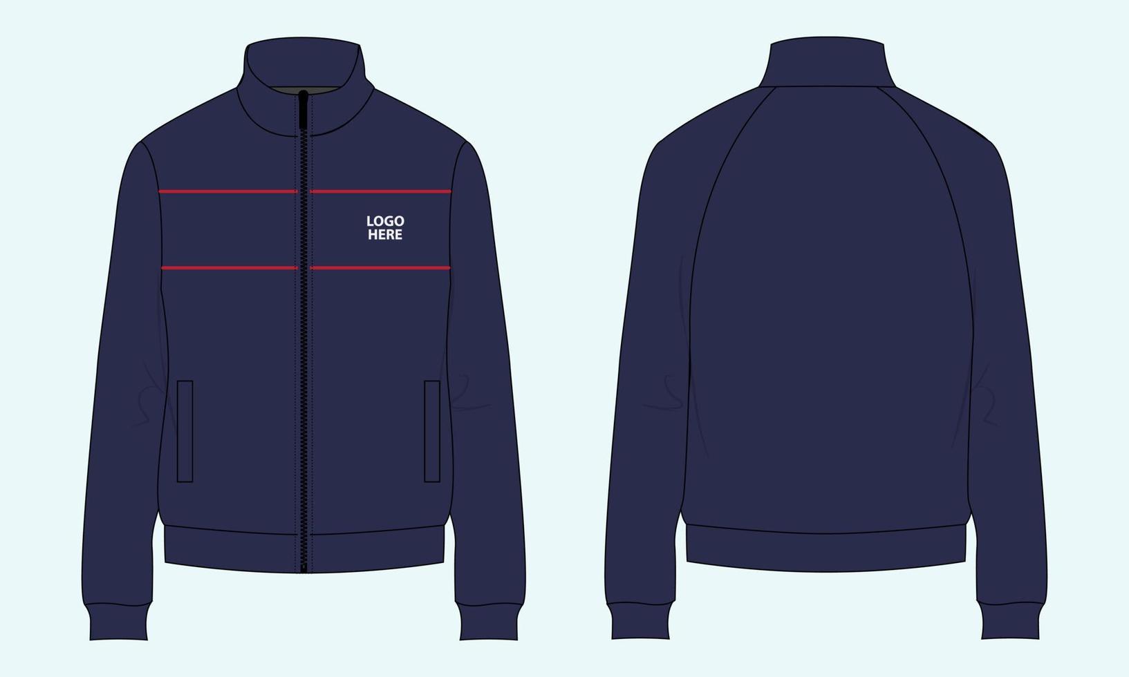 Long sleeve with Short zip fleece jacket  Sweatshirt technical fashion Flat sketch Vector illustration navy Color template Front, back views.