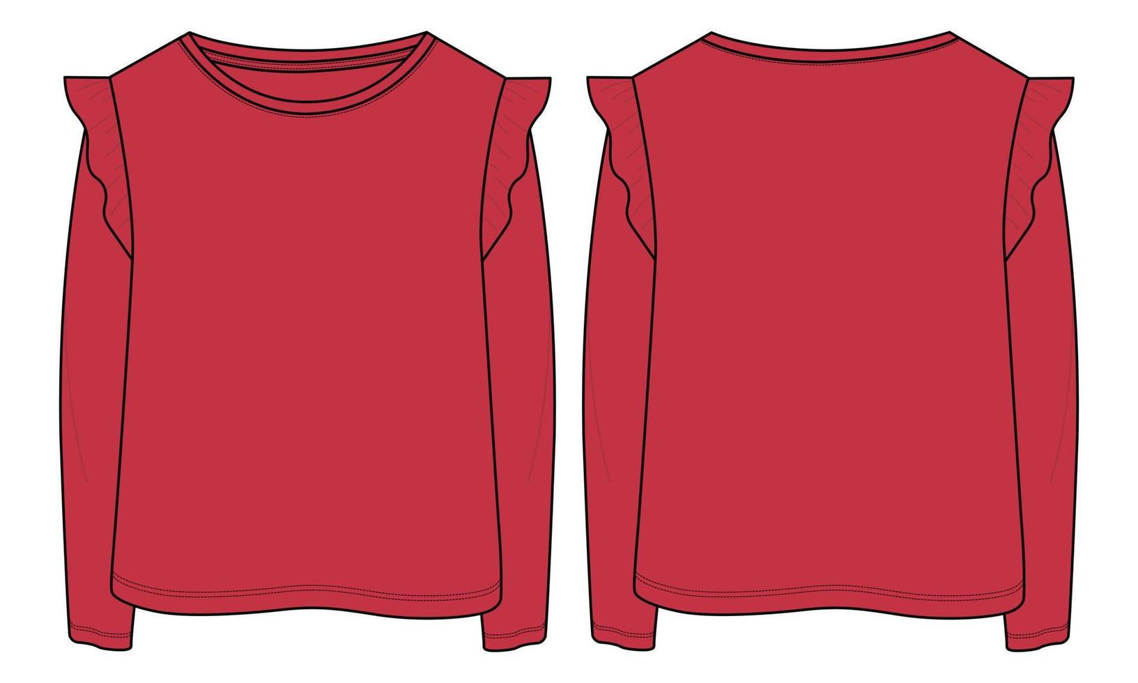 camiseta de manga larga tops moda técnica boceto plano vector plantilla de color rojo para niñas