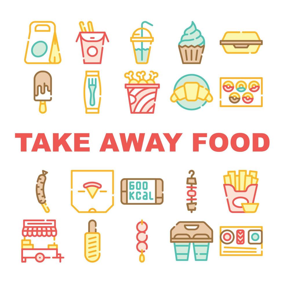 Take Away Food Service Collection Icons Set Vector