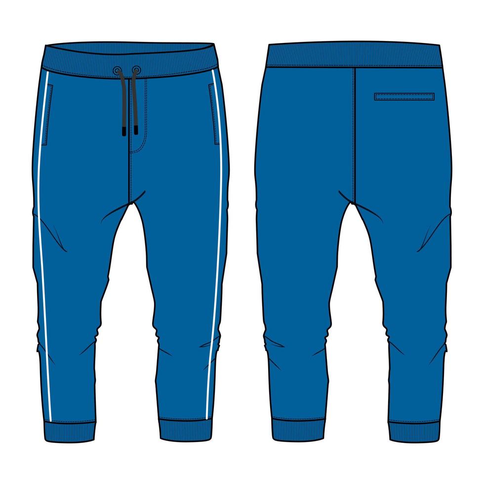 pantalones de chándal moda técnica boceto plano ilustración vectorial plantilla de color azul vistas delanteras y traseras vector