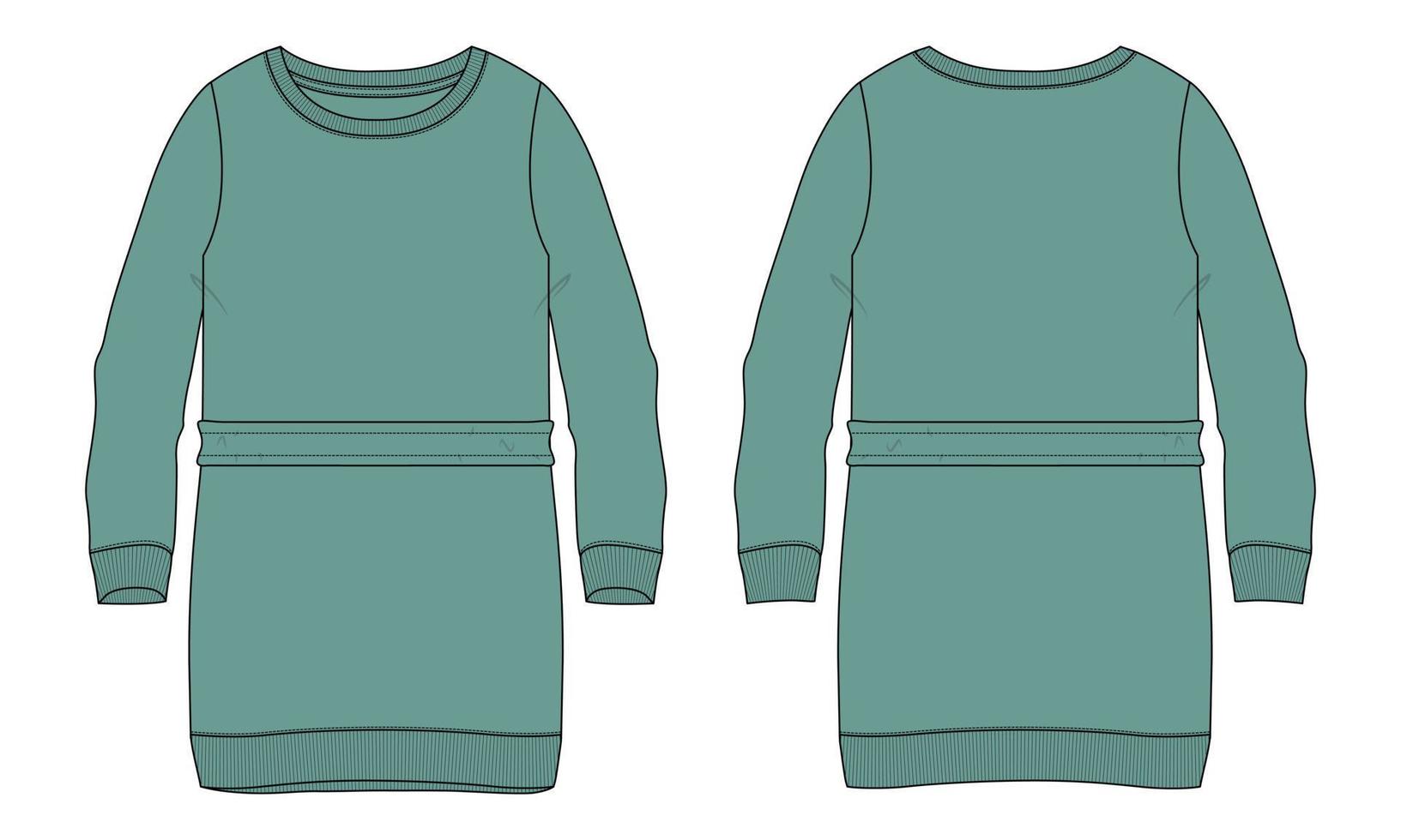 Oversize long Cotton fleece Sweater technical Flat sketch vector Green Color template for womens