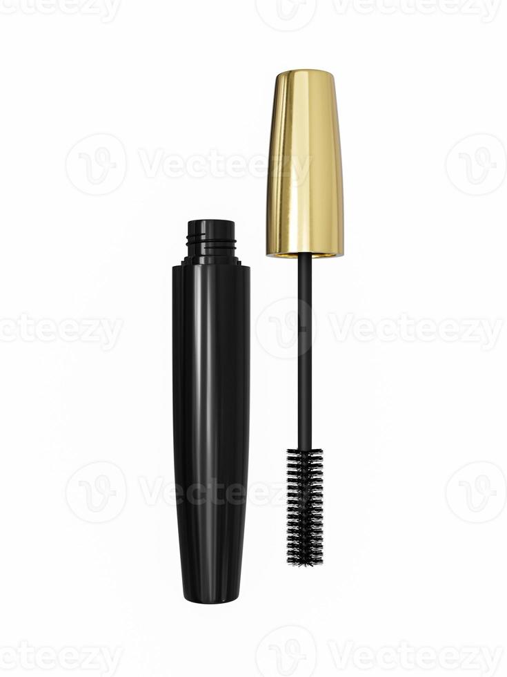 Mascara isolated on white background golden Mascara Bottles. Brush and mascara tube 3d illustration photo