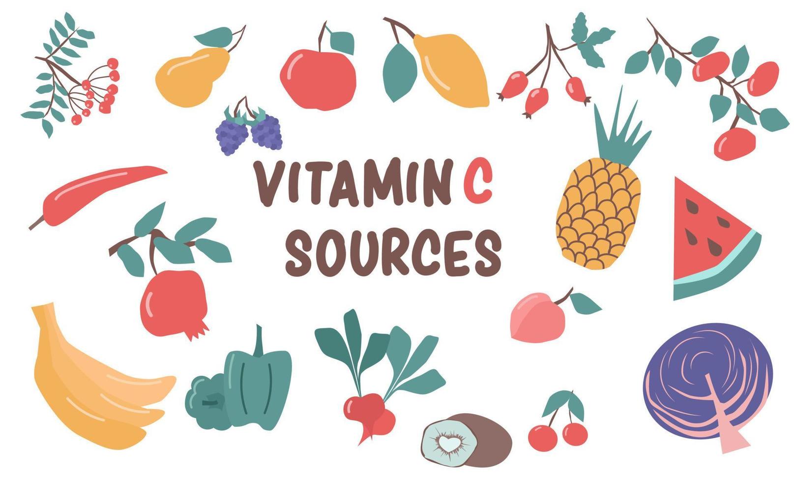 conjunto de fuentes coloridas de vitamina c. conjunto de ácido ascórbico de nutrición. ilustración vectorial plana vector