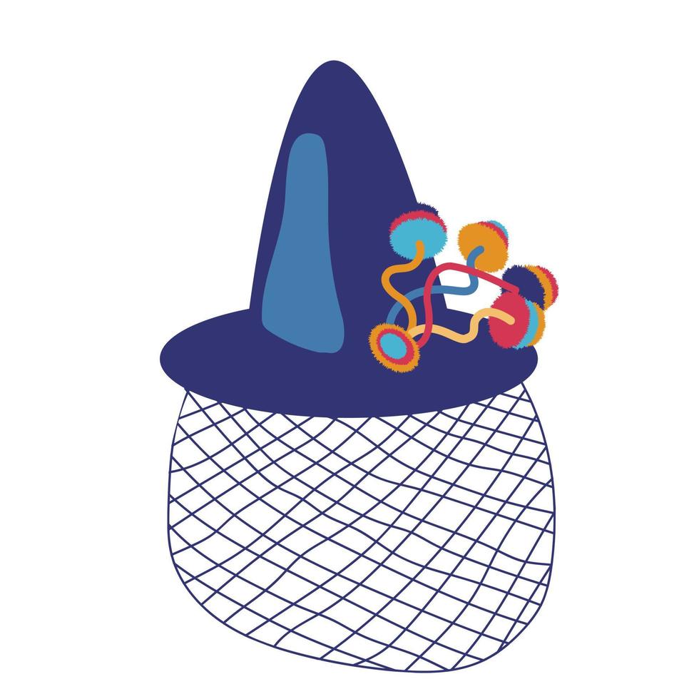 Witch hat on white backdrop. Flat cartoon vector illustration.