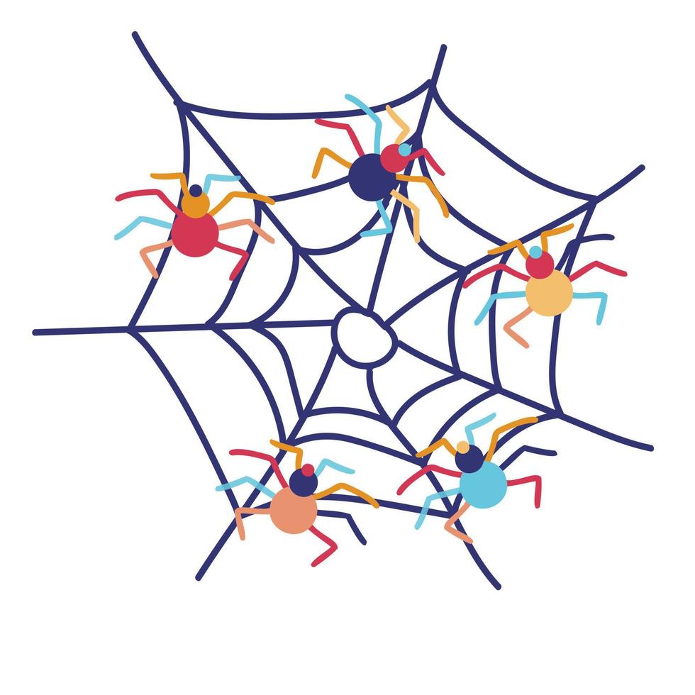 Colorful spider web on white backdrop vector illustration.