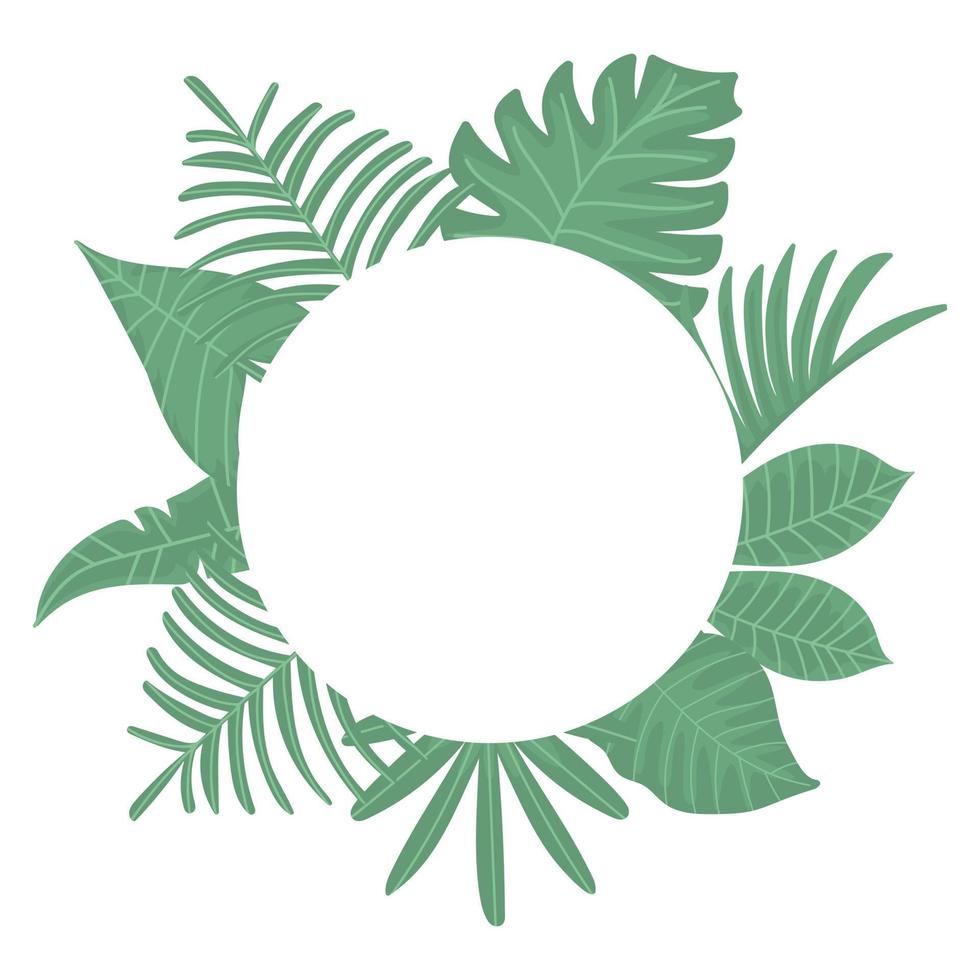 hojas verdes tropicales con marco redondo blanco con lugar para texto aislado sobre fondo blanco. vector