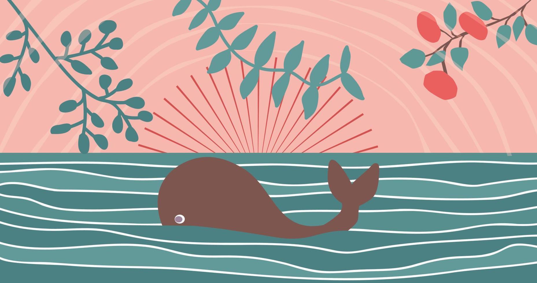 Whale in the ocean in sunrise boho style illustration. vector