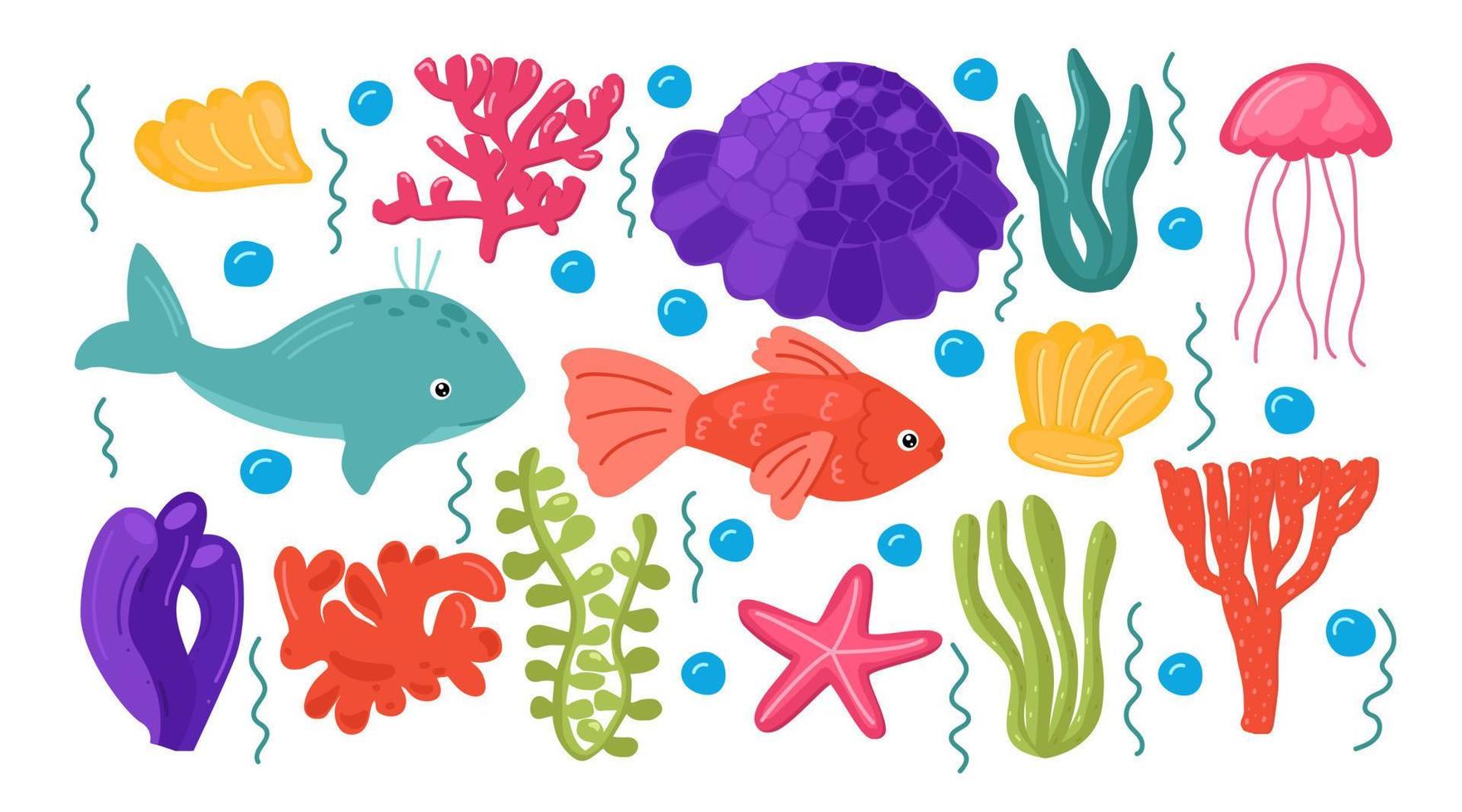 Vector illustration of seaweeds and sea animals. Underwater life set. Isolated Marine Life on white background.