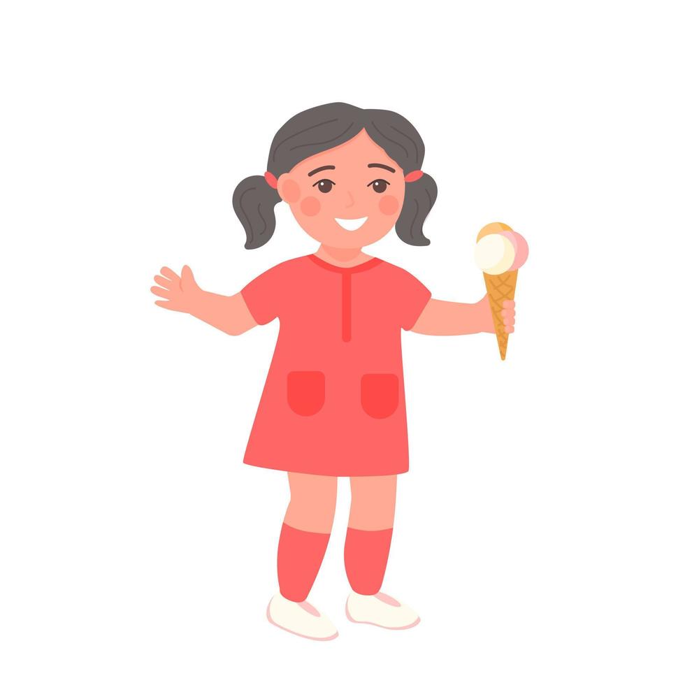 niña pequeña con cono y tres bolas de ilustración vectorial de helado. niño con vestido rojo sonriendo y disfrutando comiendo helado. vector
