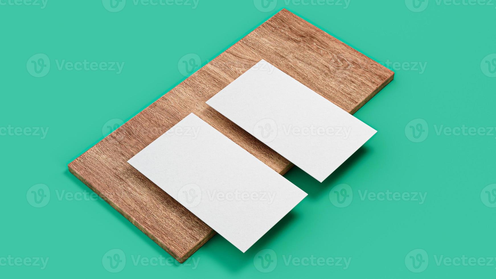 Business cards blank mockup top view, on wooden sheet and Dark Green background 3d illustration photo