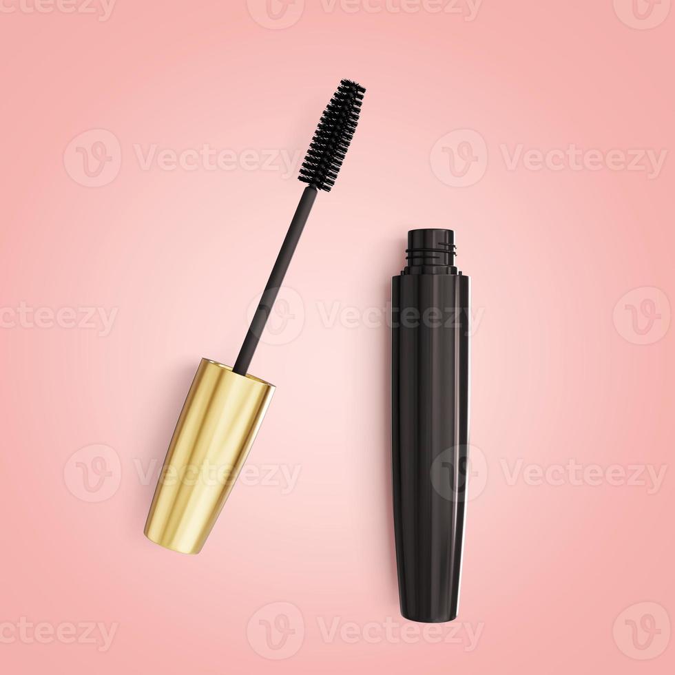 Blank Eyeliner mascara tube with box mockup isolated on pink background top view. 3d illustration photo