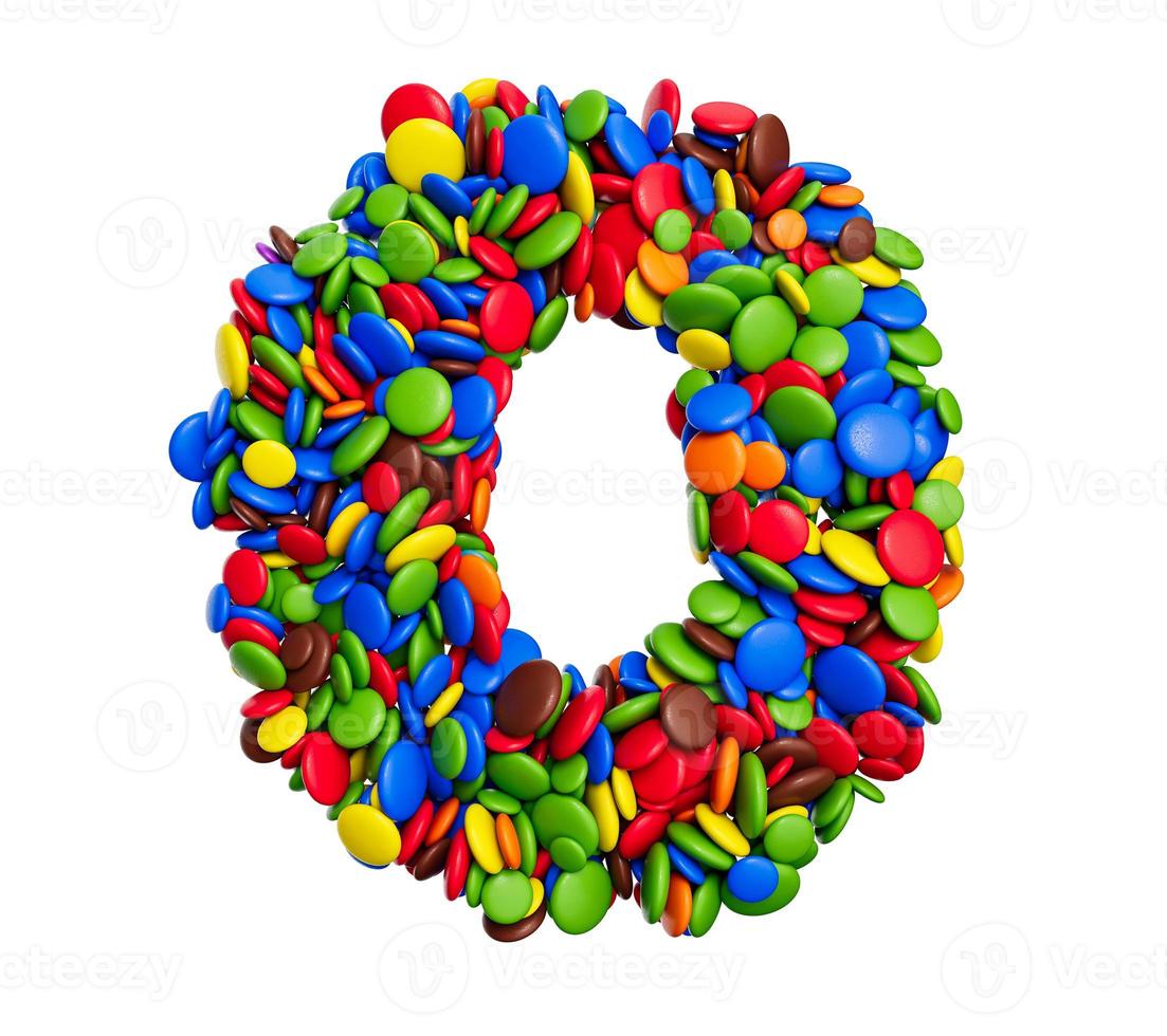 Letter Digit 0 of multicolored rainbow candies Festive isolated on white background 3d illustration photo