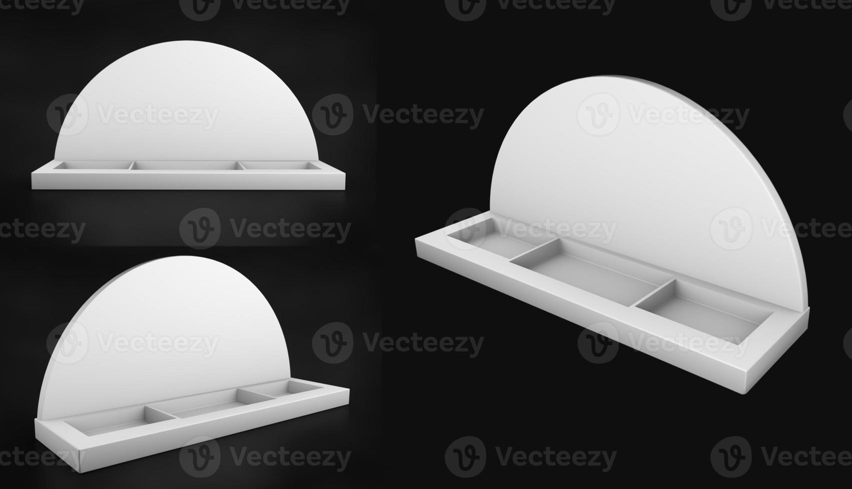 Blank portrait counter top product display for mock up and branding. 3d render illustration. Cardboard POS display mockup with shelves - half side view 3d rendering photo